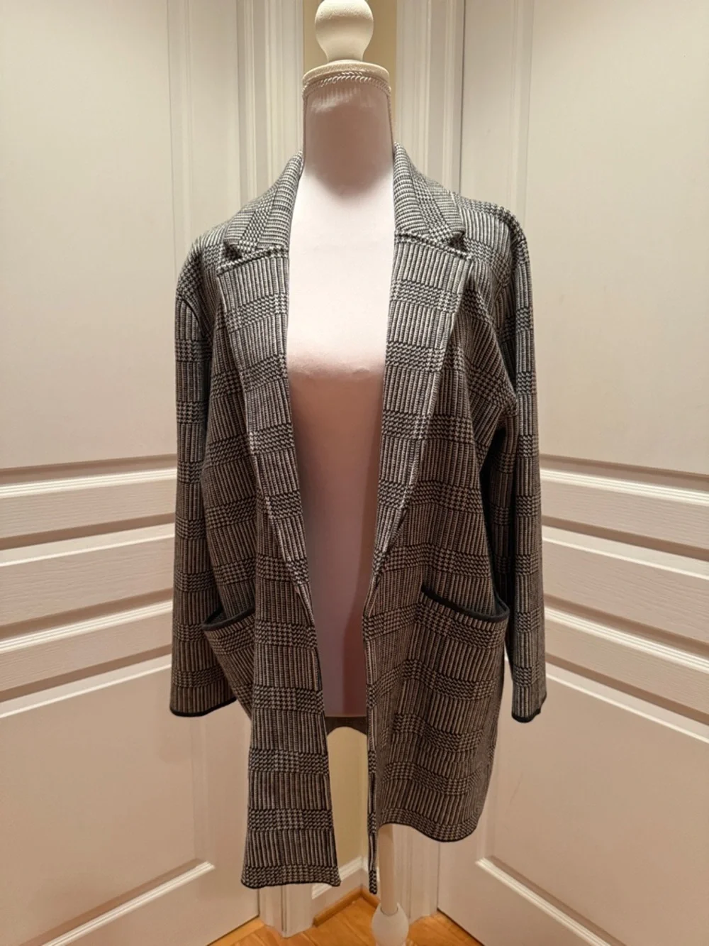 J. Crew Black and Gray Plaid Open-Front Knit Blazer